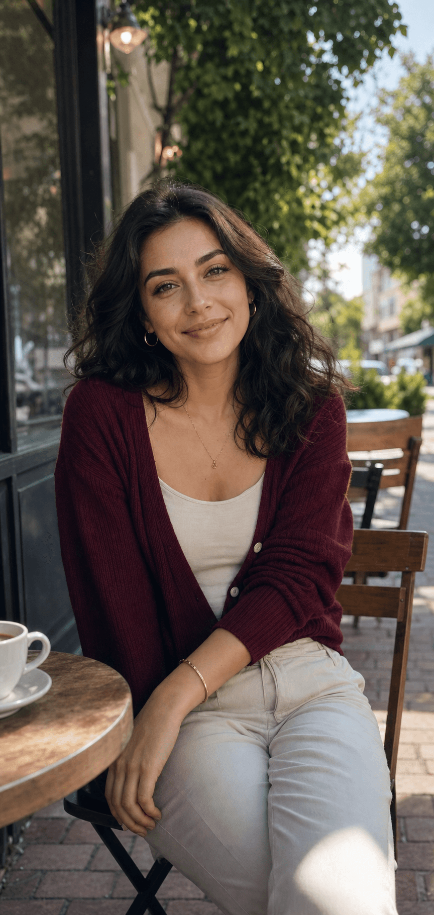 Woman sitting outside a neighborhood café