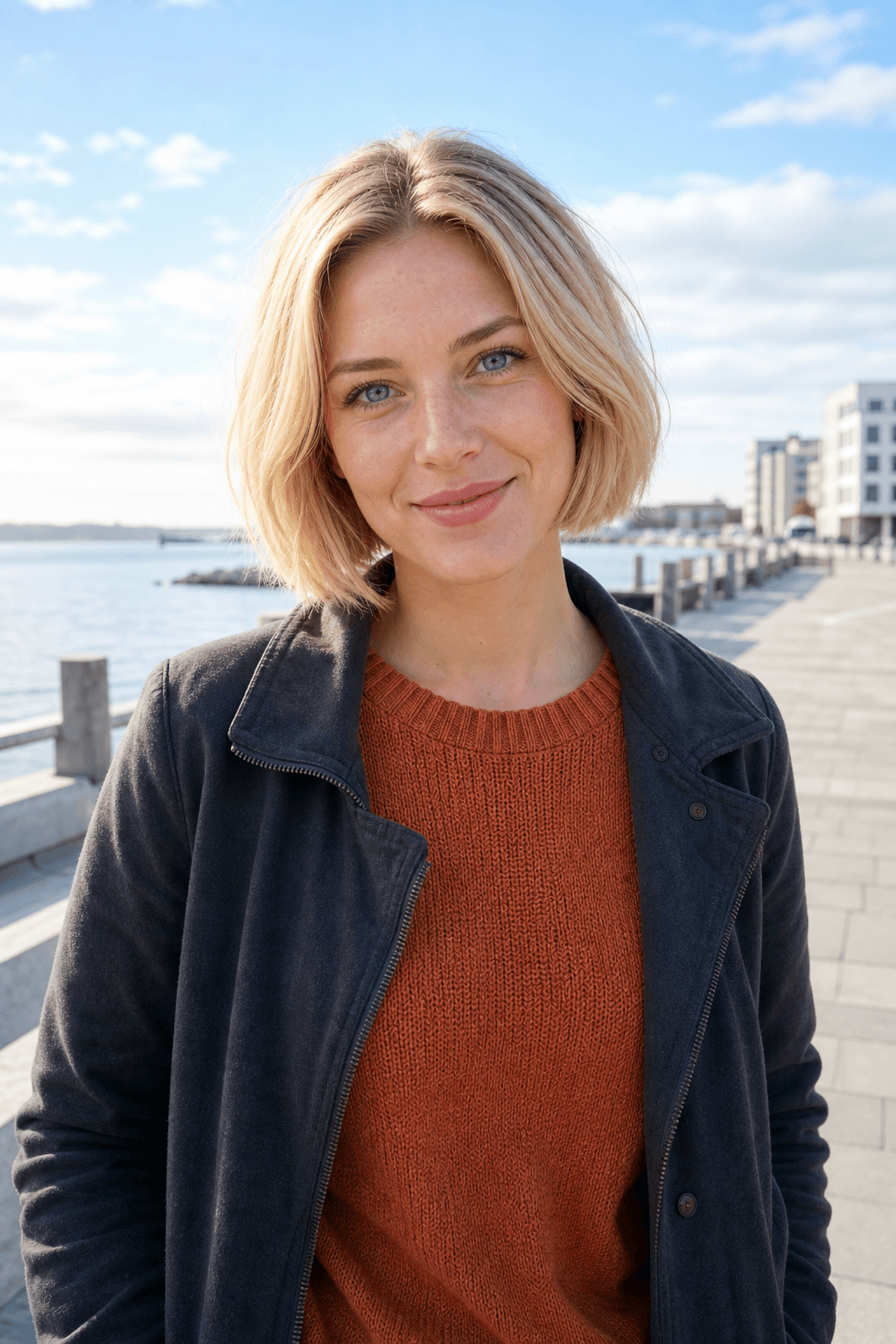 Blonde woman standing beside a waterfront promenade